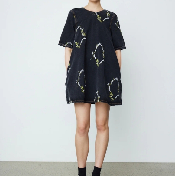 Ganni Embroidery Black Washed A-Line Mini Dress Size 38 - Picture 2 of 14